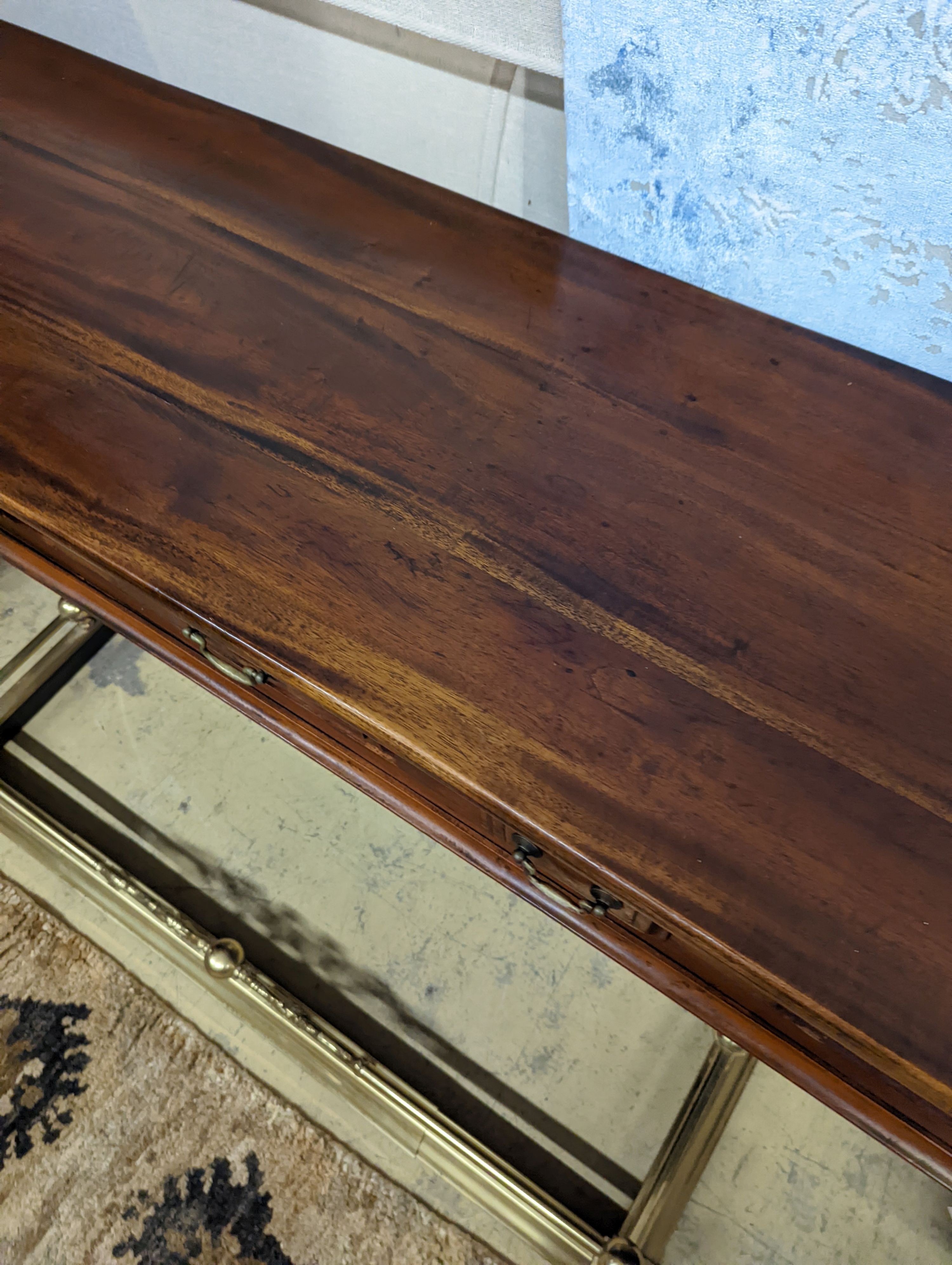 A reproduction Victorian style hardwood five drawer low dresser, length 190cm, depth 47cm, height 76cm